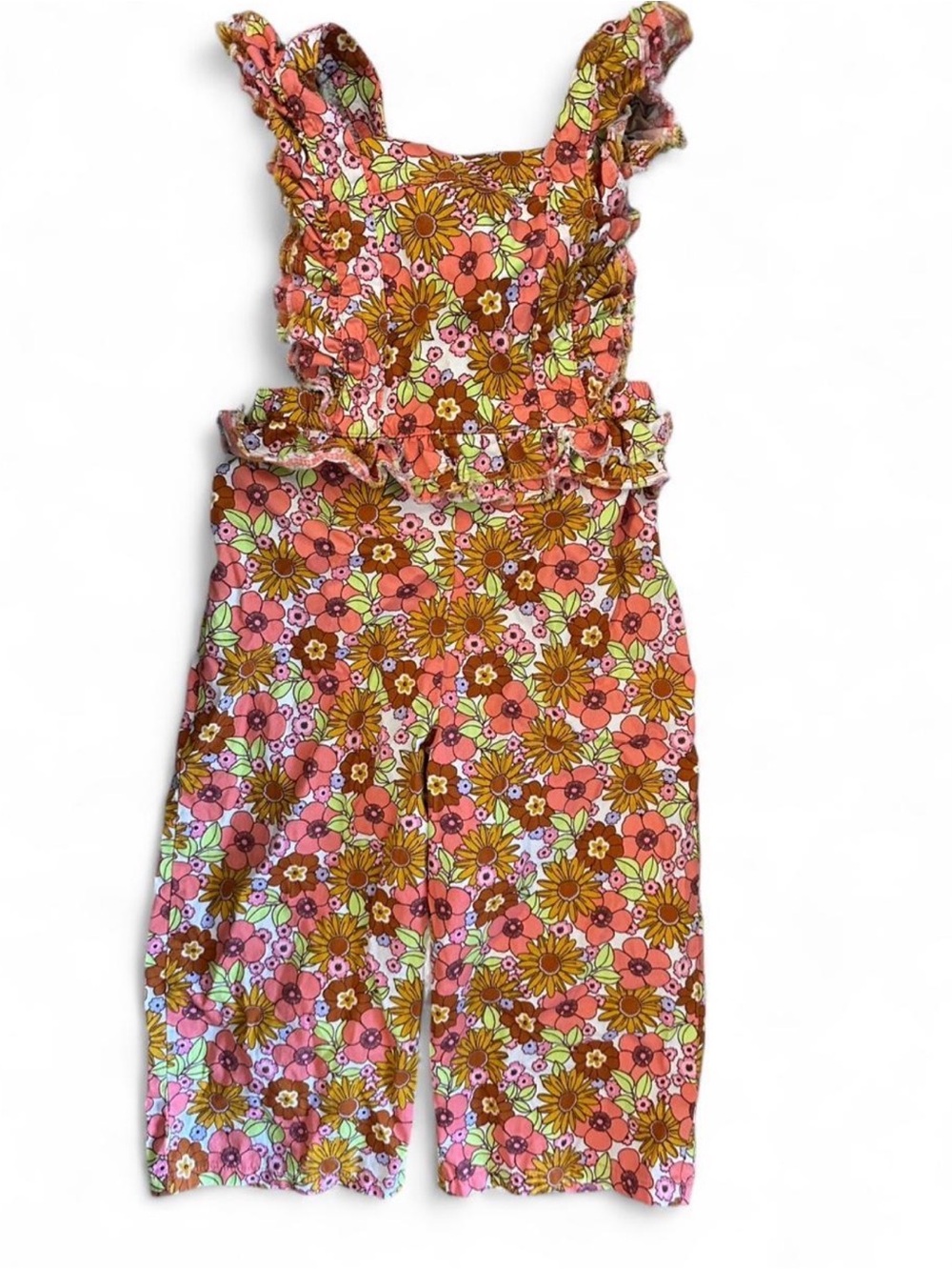 wonder nation Pink, Brown & Green Floral Ruffle Jumpsuit